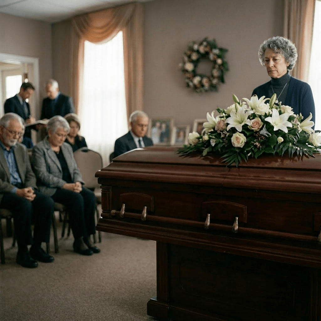 Elderly woman sitting with eyes closed beside a flower-covered casket in a funeral setting