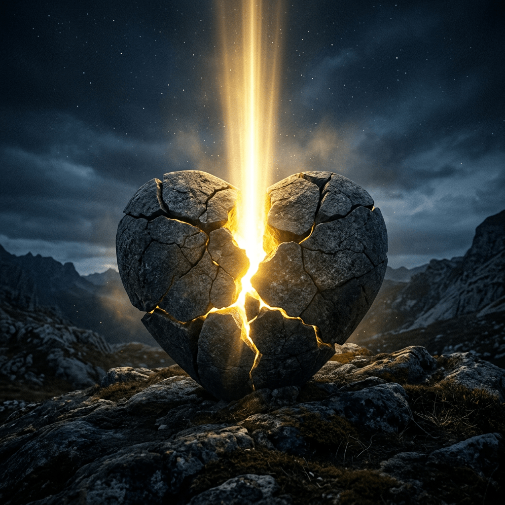 Cracked stone heart glowing with golden light on rocky ground at night