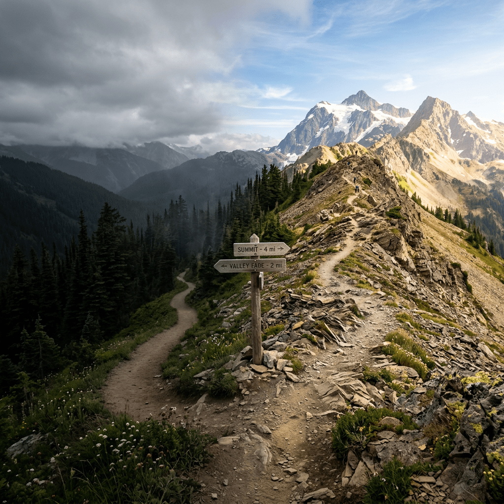 Two diverging paths: rocky bright summit, easy dark fade