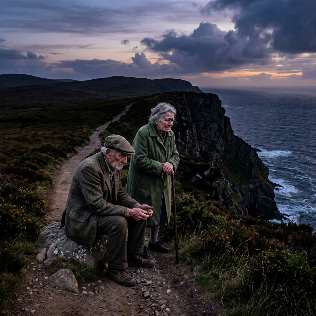 Elderly man sitting on a rock holding hands with an elderly woman standing with a cane, on a cliffside path overlooking the ocean at sunset