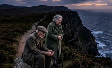 Elderly man sitting on a rock holding hands with an elderly woman standing with a cane, on a cliffside path overlooking the ocean at sunset