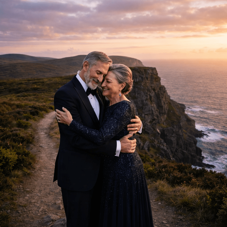 Elderly man sitting on a rock holding hands with an elderly woman standing with a cane, on a cliffside path overlooking the ocean at sunset