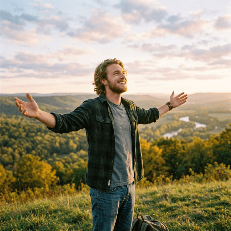 Man standing on grassy hill with arms outstretched overlooking forested mountains and winding river at sunset
