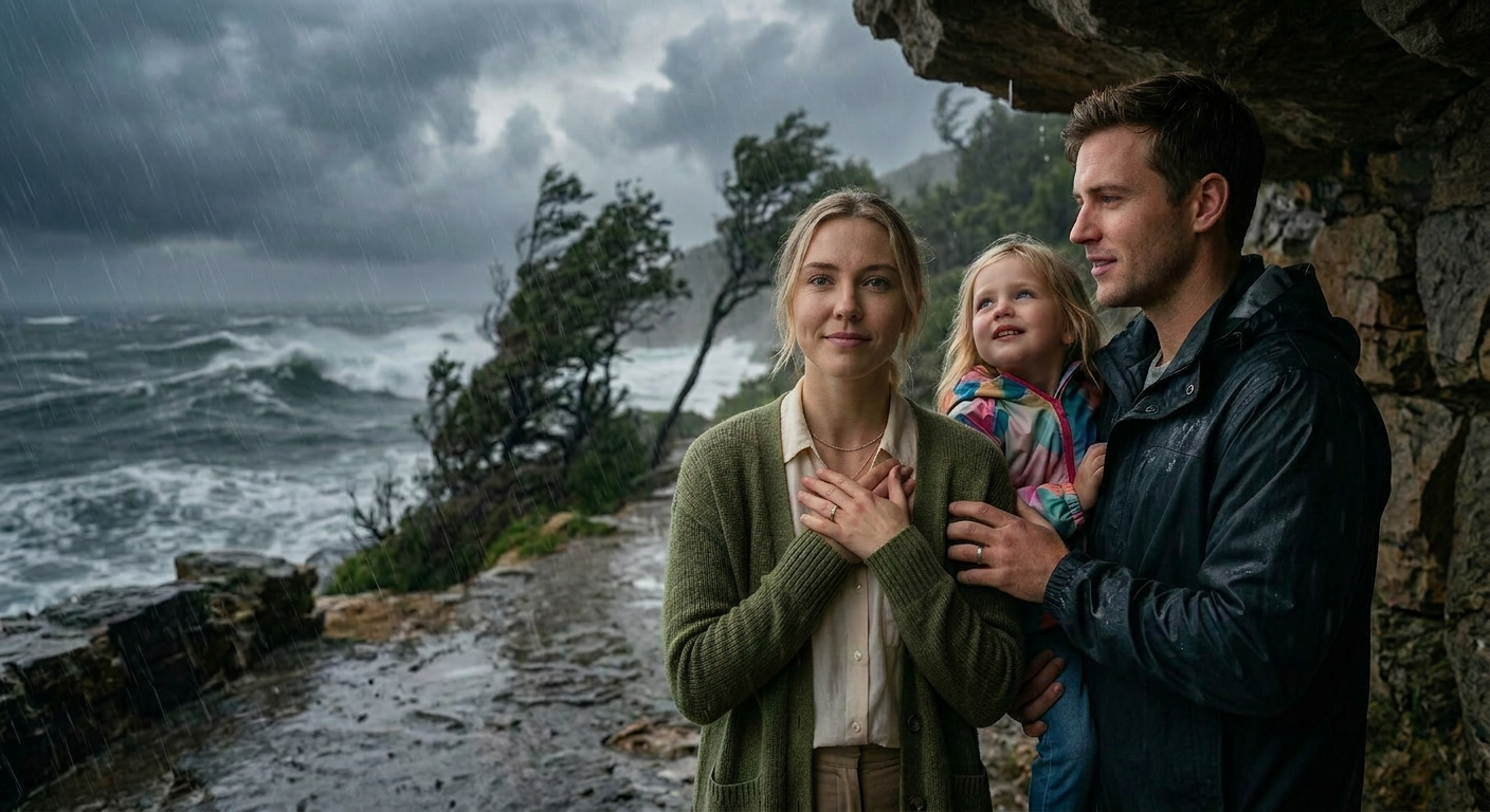Family of three sheltering from rain by rocky overhang near stormy sea