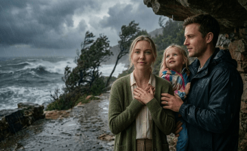 Family of three sheltering from rain by rocky overhang near stormy sea