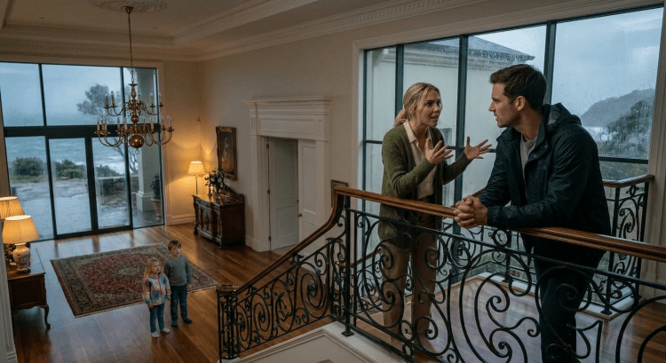 A woman and man arguing inside a large house near a staircase while two children stand quietly below.