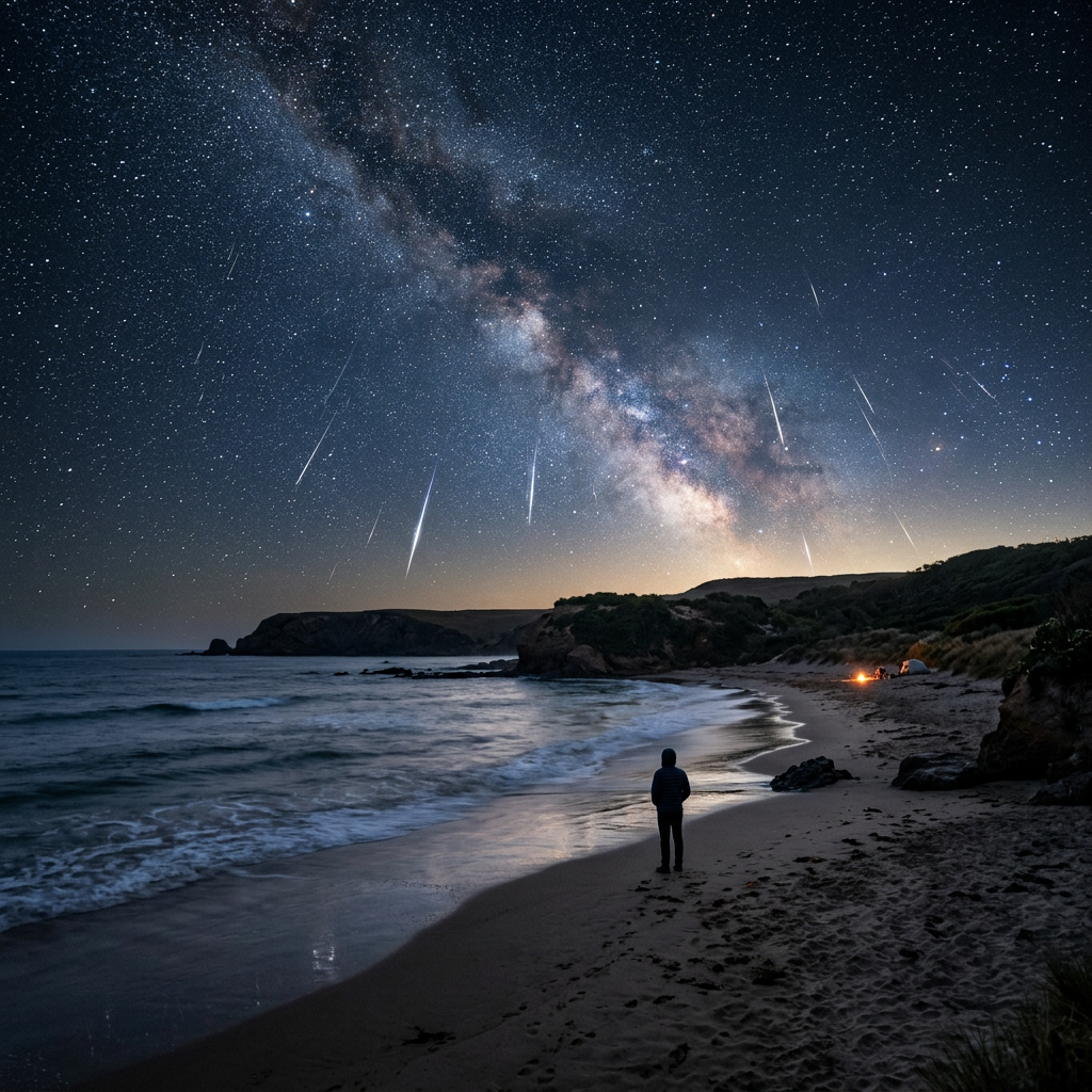 Person standing on a beach beneath the Milky Way and meteor shower