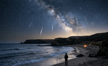 Person standing on a beach beneath the Milky Way and meteor shower
