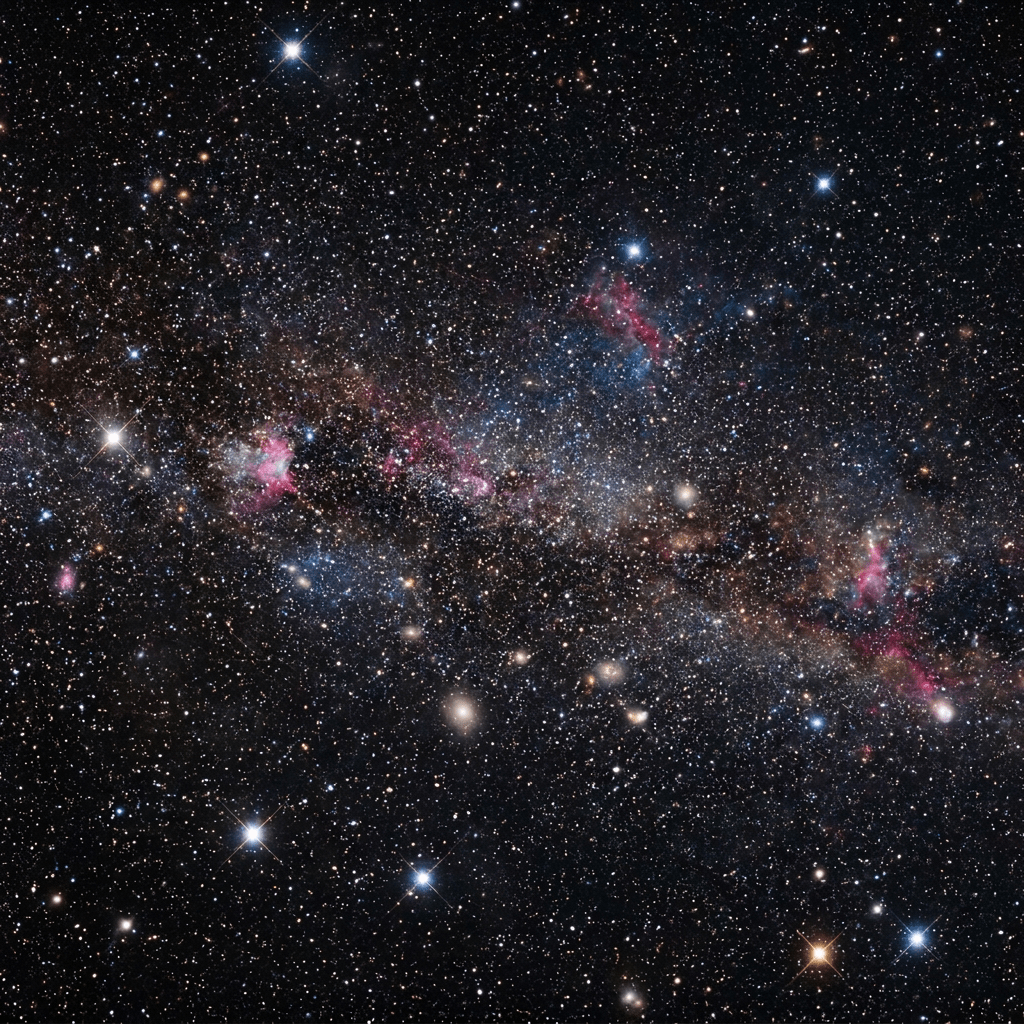 Dense star field with colorful nebulae and distant galaxies