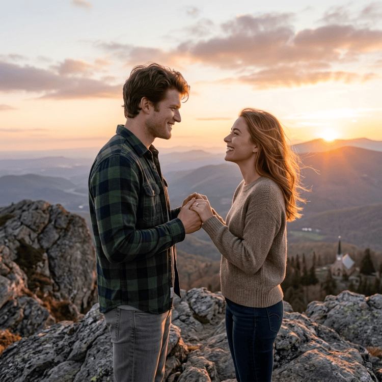 Man sitting on rock holding open ring box overlooking mountain valley at sunset