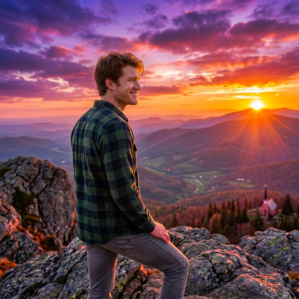 Man sitting on rock holding open ring box overlooking mountain valley at sunset