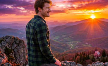 Man sitting on rock holding open ring box overlooking mountain valley at sunset