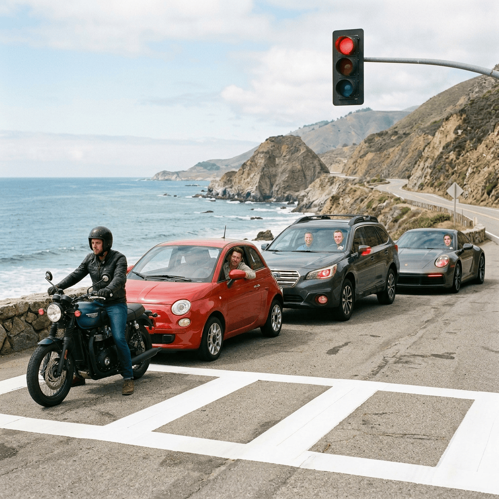 Four men beside a motorcycle and three cars on a coastal road
