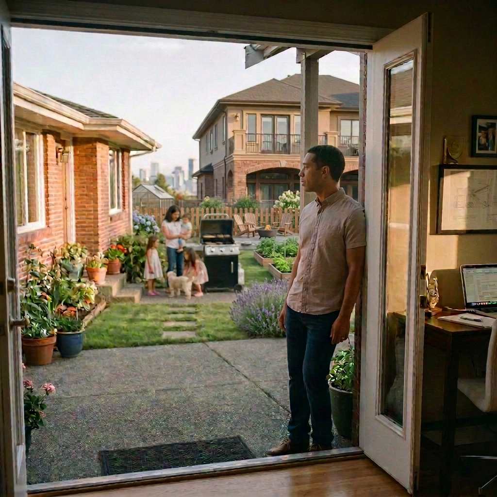 Man looking toward neighboring house Man looking toward neighboring house