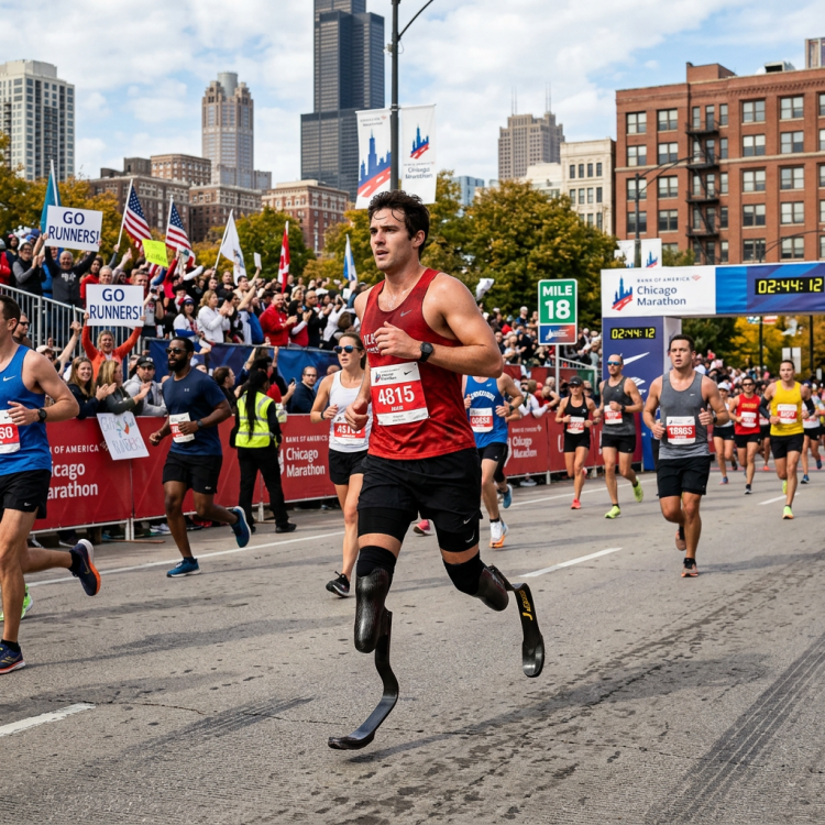 Runner wearing prosthetic blades competing in the Chicago Marathon