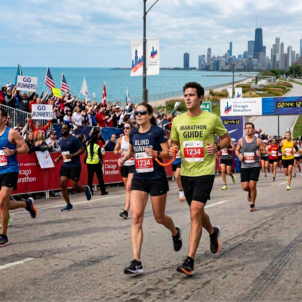 Runner wearing prosthetic blades competing in the Chicago Marathon