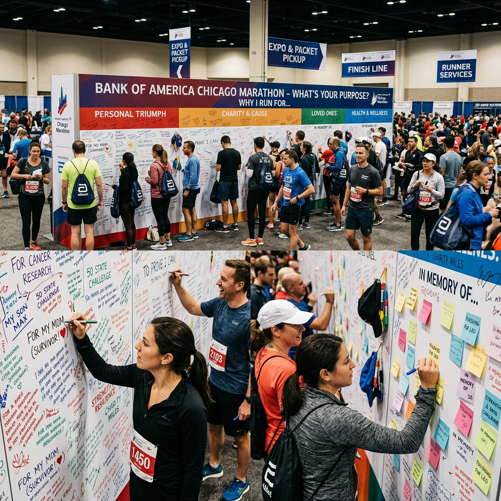 Chicago Marathon registration wall with runners' purposes